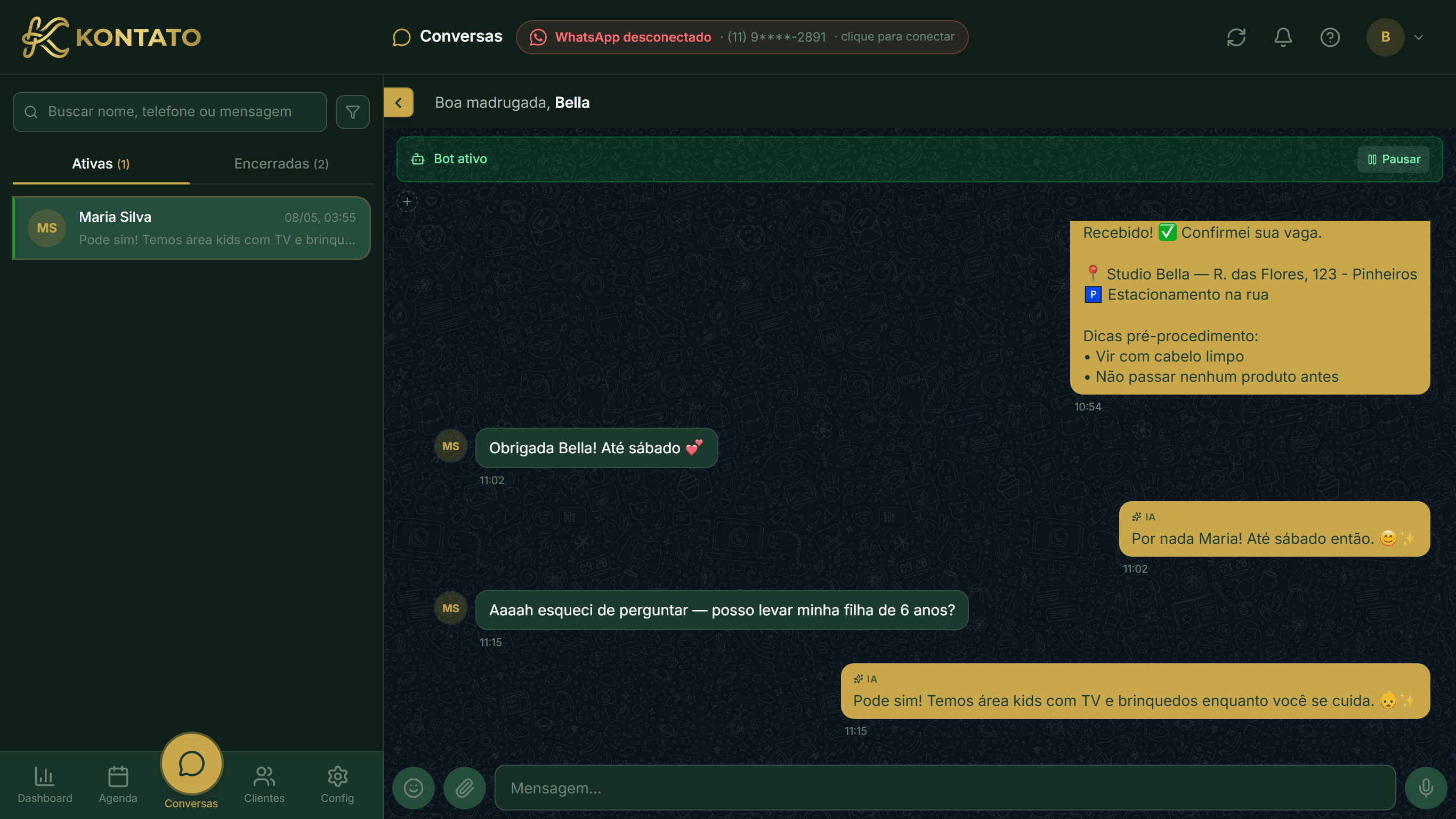 Timeline de uma conversa aberta — bubbles do cliente à esquerda, bot/humano à direita.